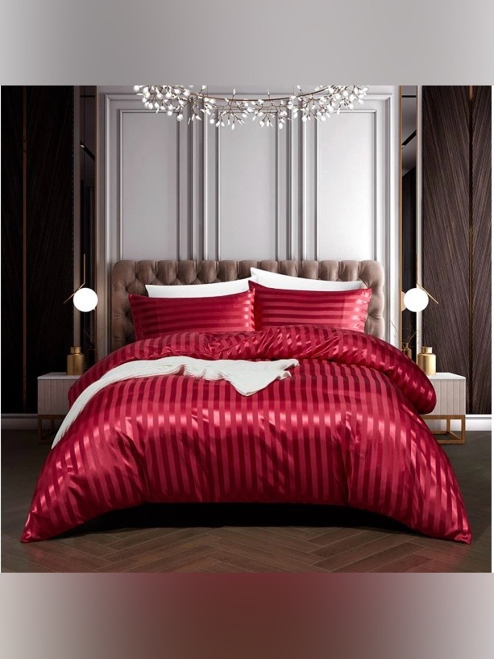 KING SIZE Striped Satin Duvet Set - BURGUNDY